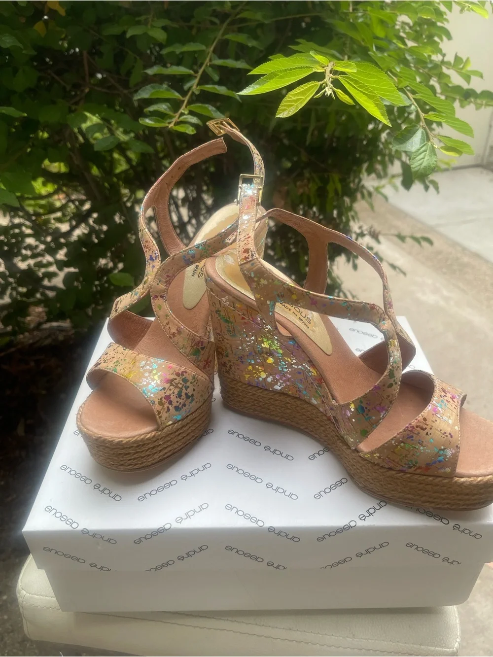 Andre Assous Pink Multicolor Glitter Jute Platform Sandals